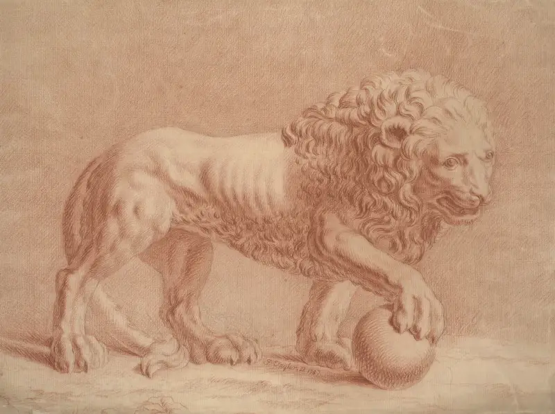 Dutch 18th Century Lion, facing right, with right forepaw on globe by Isaac Taylor